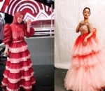 Kenakan Gaun Layer Merah-Pink, Lesty dan Siti Badriah Pilih Model Bagian Bahu Beda