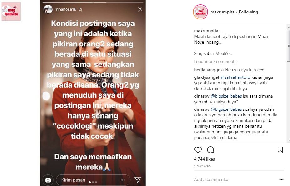 Rina Nose Maafkan Netizen yang Menuduhnya Nyinyir
