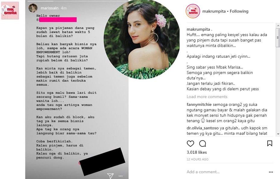 Sindiran Menohok Marissa Nasution TTerhadap Orang yang Berhutang Ratusan Juta Padanya