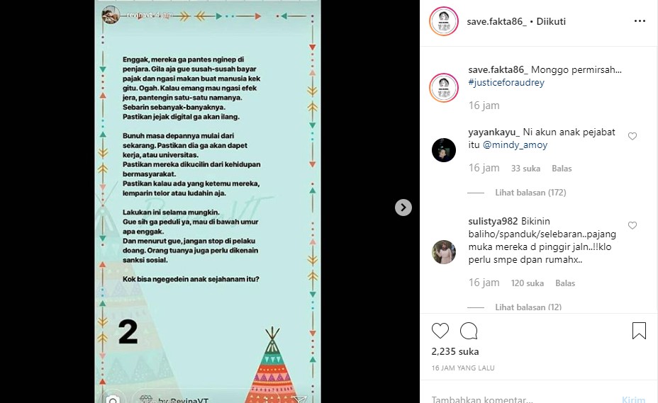 Revina VT Berharap Pengeroyok Audrey Tak Dipenjara