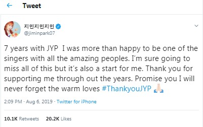 Park Jimin mengakhiri kontrak kerja dengan JYP