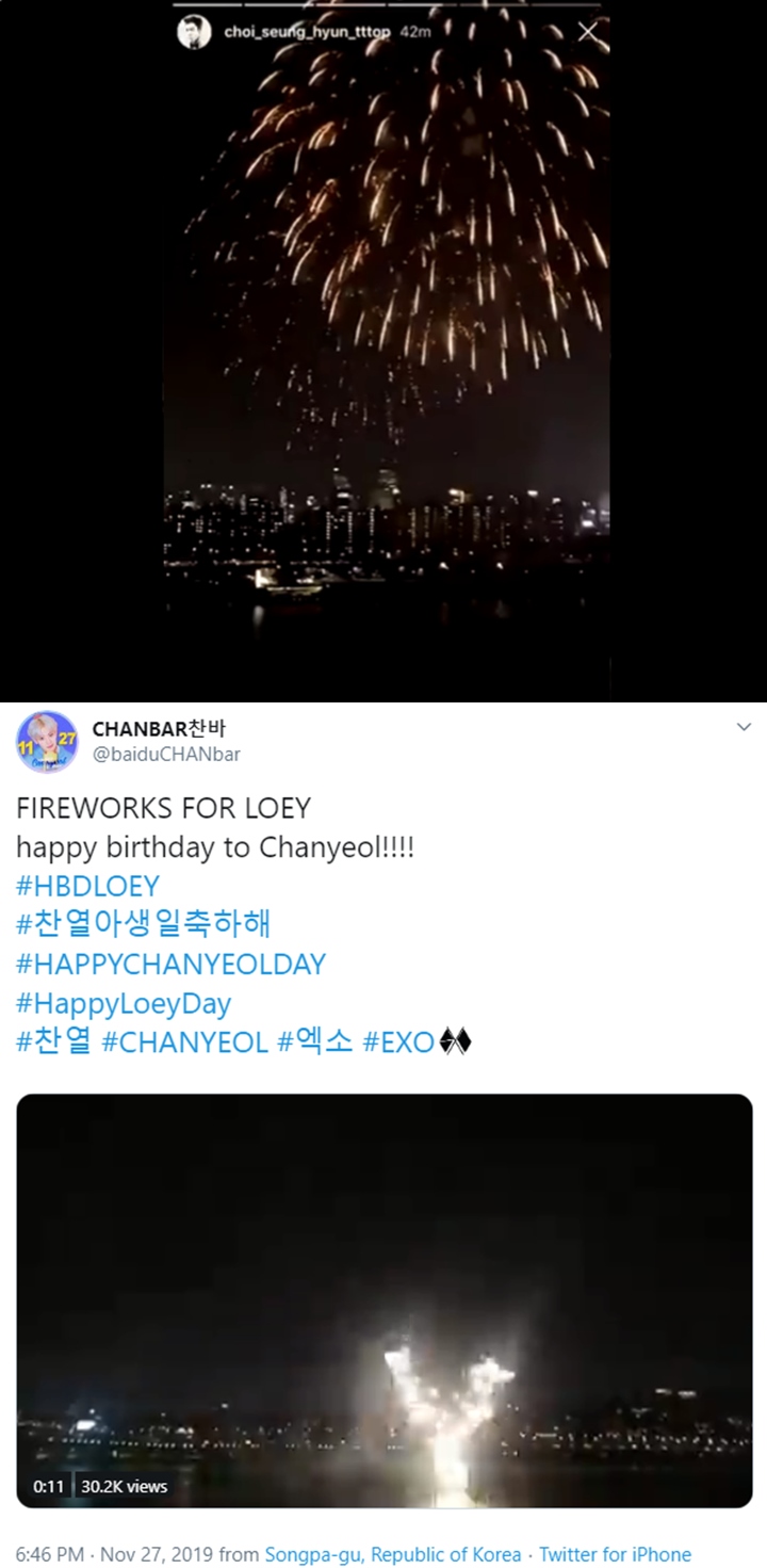 Chanyeol EXO Ultah Ke-27, Fans Rayakan Dengan Pertunjukan Kembang Api Super Cantik