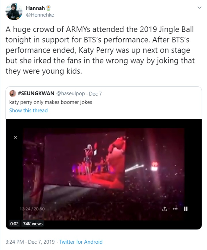 Buat Lelucon Soal Penonton BTS di Jingle Ball 2019, Katy Perry Langsung Diserbu ARMY