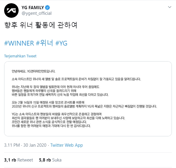 Usai Diprotes, YG Entertainment Umumkan Proyek Solo WINNER