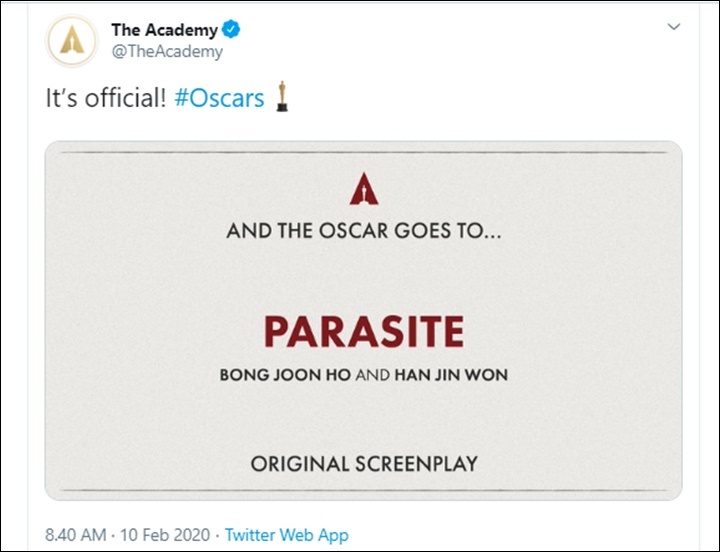 Parasite menangkan penghargaan Oscar 2020