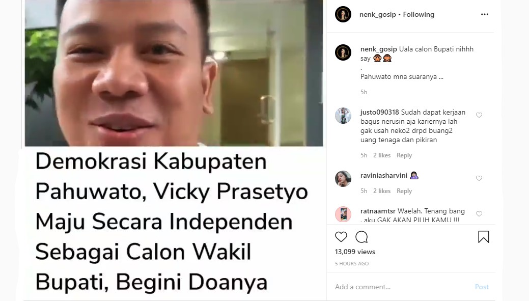 Maju Jadi Calon Wakil Bupati Pohuwato, Vicky Prasetyo Malah Disindir Soal Rumah Tangga