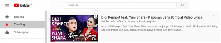 lagu duet mendiang didi kempot dan yuni shara yani \'kapusan janji\' menjadi salah satu video trending di youtube indonesia
