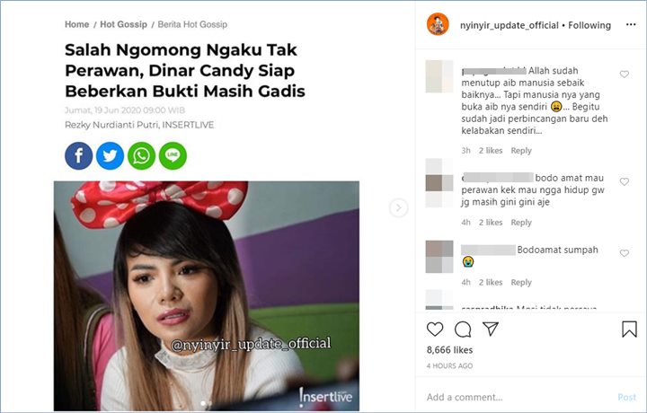 dinar candy mendapatkan kritik lantaran mengaku akan membuktikan jika masih perawan