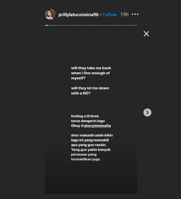 prilly latuconsina mengungkapkan terima kasih kepada sheryl sheinafia karena telah menciptakan lagu \'okay\' melalui akun Instagram story