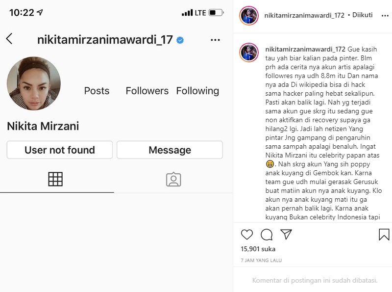 Bukan Karena Ulah Hacker, Nikita Mirzani Jelaskan Alasan Akun Instagramnya ‘Hilang’ Lagi