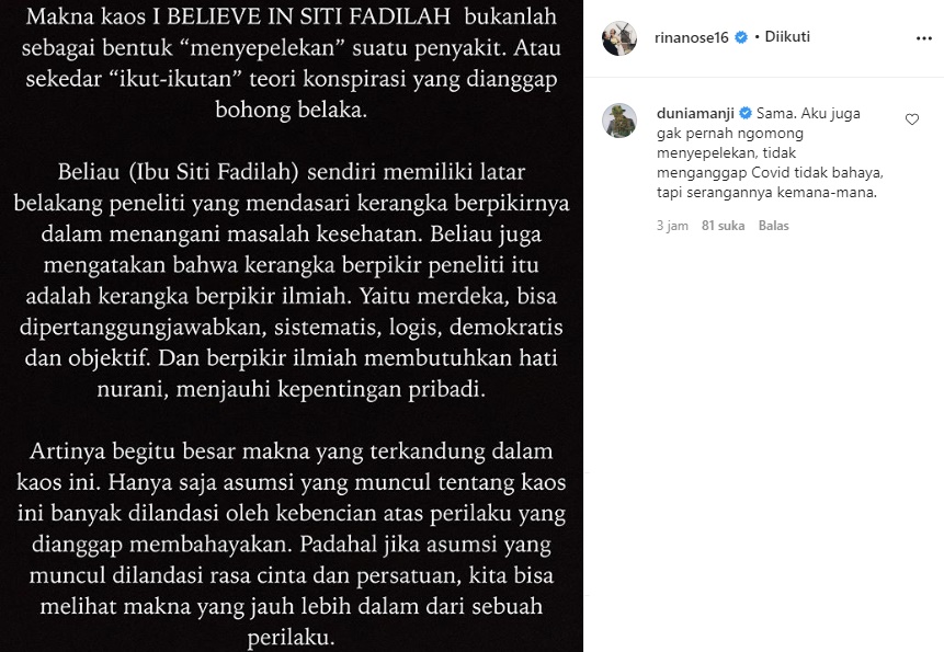 Rina Nose Ungkap Makna Besar di Balik Kaos ‘I Believe in Siti Fadilah’, Begini Ucap Anji