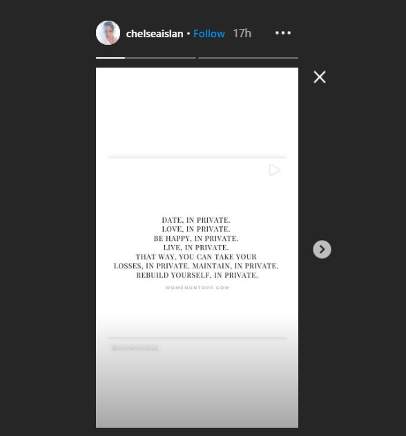 chelsea islan menyinggung mengenai privasi pada salah satu instagram story yang ia bagikan melalui akun pribadinya kemarin senin (12/10)