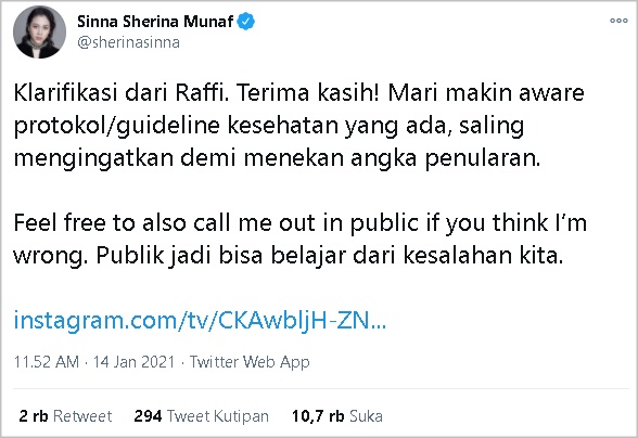 Raffi Ahmad Klarifikasi Soal Foto Tak Pakai Masker Usai Divaksin Covid-19, Sherina Berterima Kasih