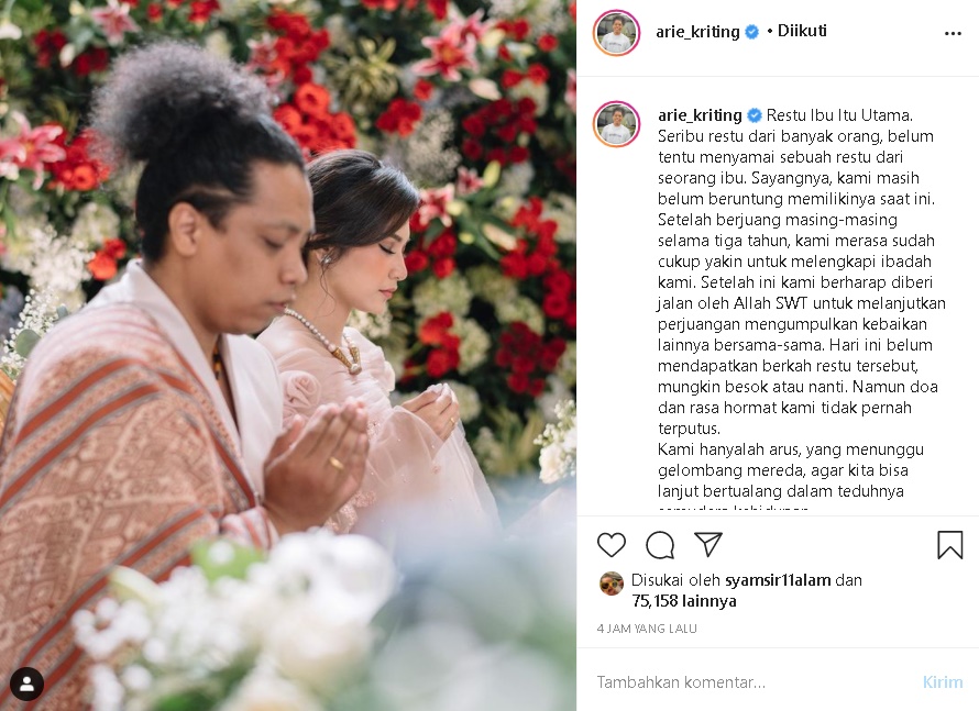 Arie Kriting Buka Suara Soal Pernikahannya dengan Indah Permatasari, Singgung Restu Ibu