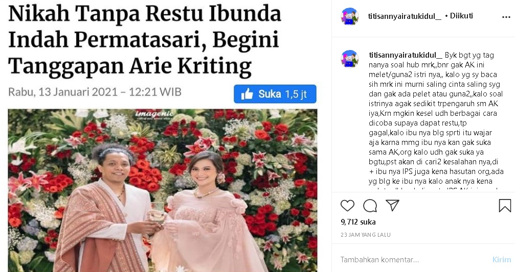 Sebut Arie Kriting dan Indah Permatasari Saling Cinta, Titisan Nyai Ratu Kidul Jawab Soal Isu Pelet