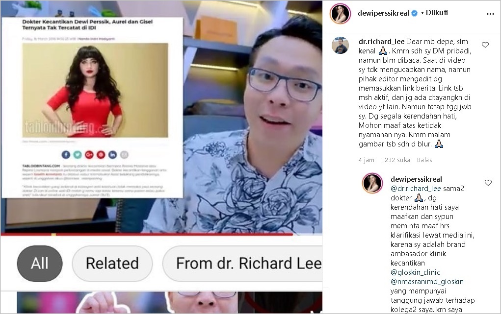 Dokter Richard Lee Minta Maaf Usai Dinilai Catut Fotonya Tanpa Izin, Begini Reaksi Balik Dewi Persik