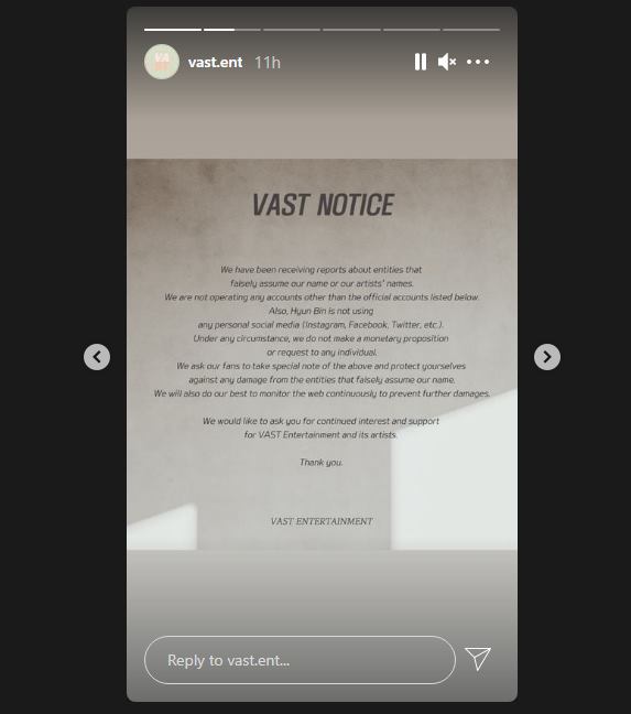 VAST Entertainment memberikan pengumuman resmi untuk memberikan peringatan tegas karena semakin banyak muncul akun-akun media sosial palsu mengatasnamakan Hyun Bin