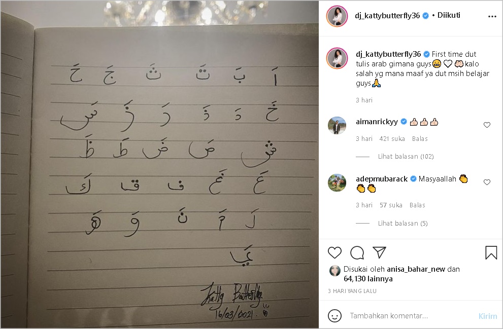 Katty Butterfly Pajang Tulisan Tangan Huruf Hijaiyah Pertama Kali, Pujian Aiman Ricky Auto Diserbu