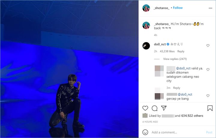 Doyoung memberikan komentar di unggahan perdana Shotaro di Instagram
