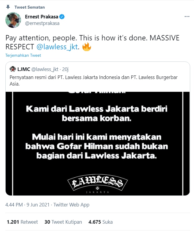 Ernest Prakasa Beri Respons Positif Usai Gofar Hilman Didepak dari Lawless Jakarta
