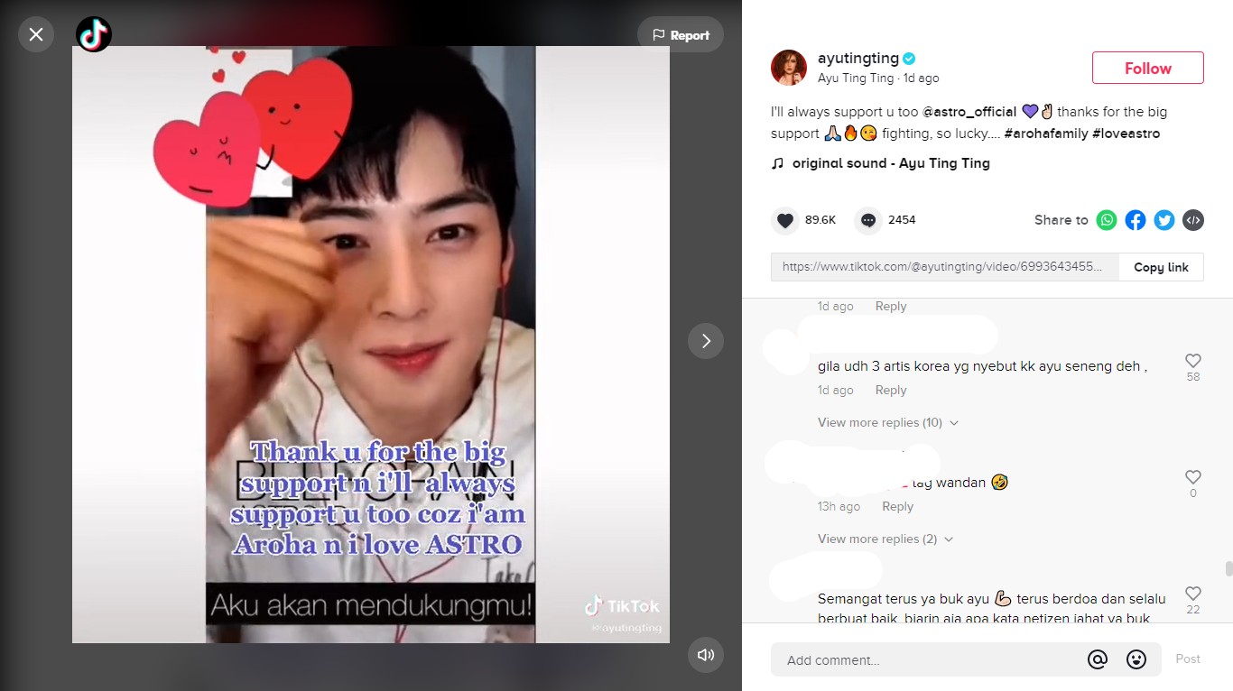 Bikin Iri Banget, Ayu Ting Ting Bagikan Video Dapat Dukungan dari Cha Eun Woo ASTRO