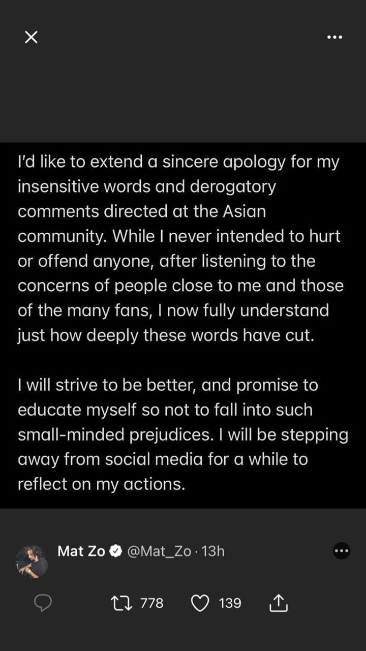 Mat Zo mengungkapkan permintaan maaf atas cuitan kontroversinya