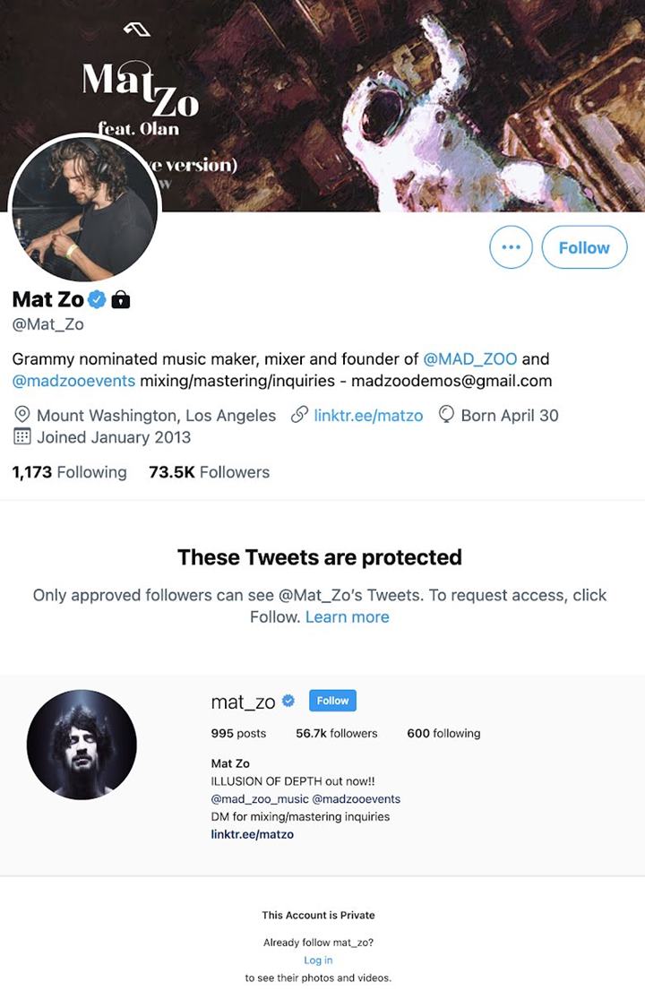 Mat Zo memprivasi media sosial miliknya