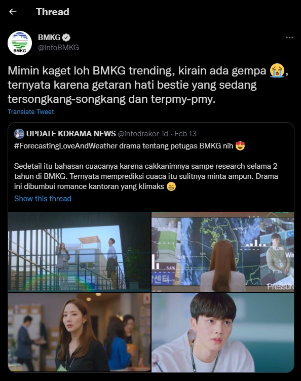Akun Twitter resmi BMKG ikut menyoroti drama baru JTBC \'Forecasting Love and Weather\'